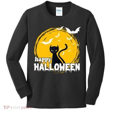 Happy Halloween Black Cat Spooky Kids Long Sleeve Shirt