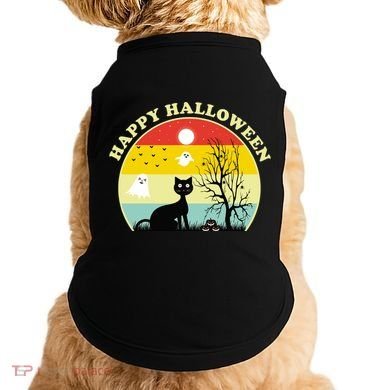 Happy Halloween Black Cat Retro Sunset Doggie Tank