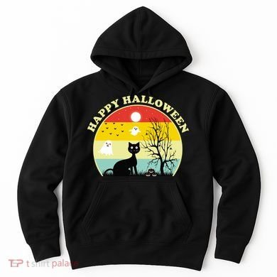 Happy Halloween Black Cat Retro Sunset Hoodie