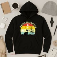 Happy Halloween Black Cat Retro Sunset Hoodie thumb 3