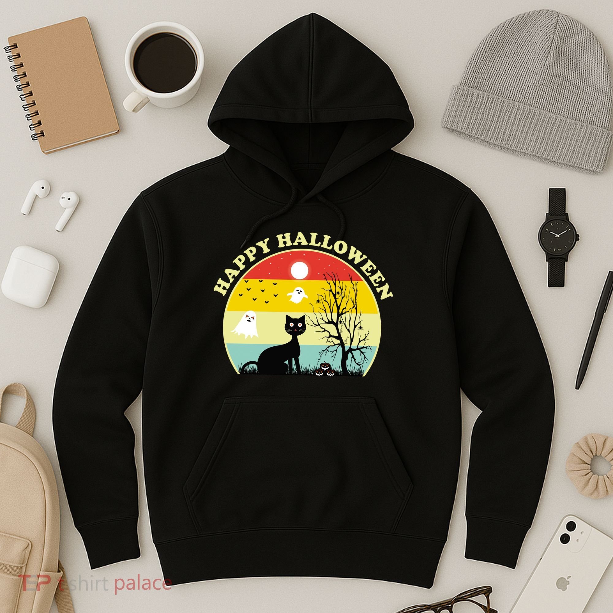 Happy Halloween Black Cat Retro Sunset Hoodie