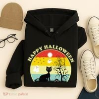 Happy Halloween Black Cat Retro Sunset Hoodie thumb 4