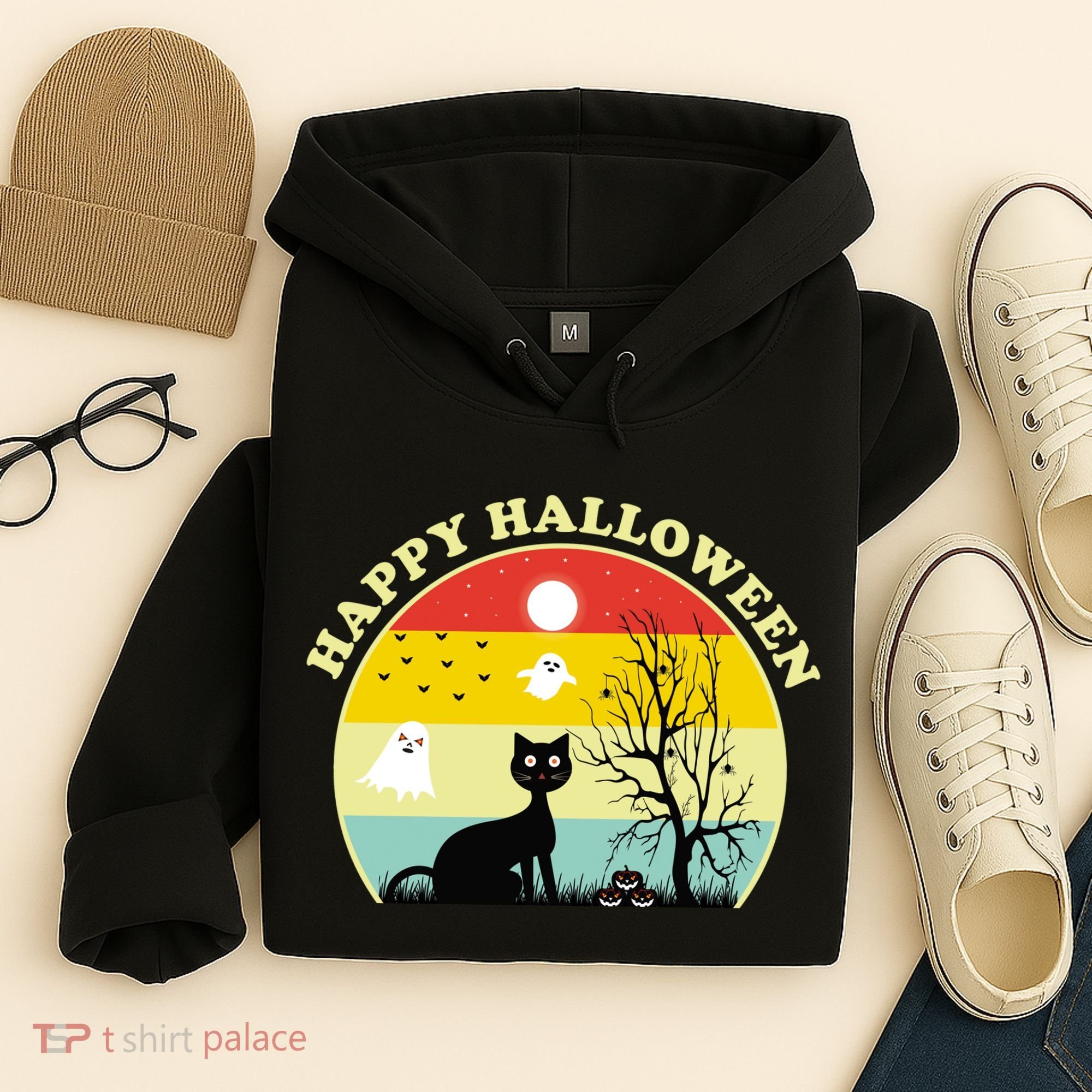Happy Halloween Black Cat Retro Sunset Hoodie