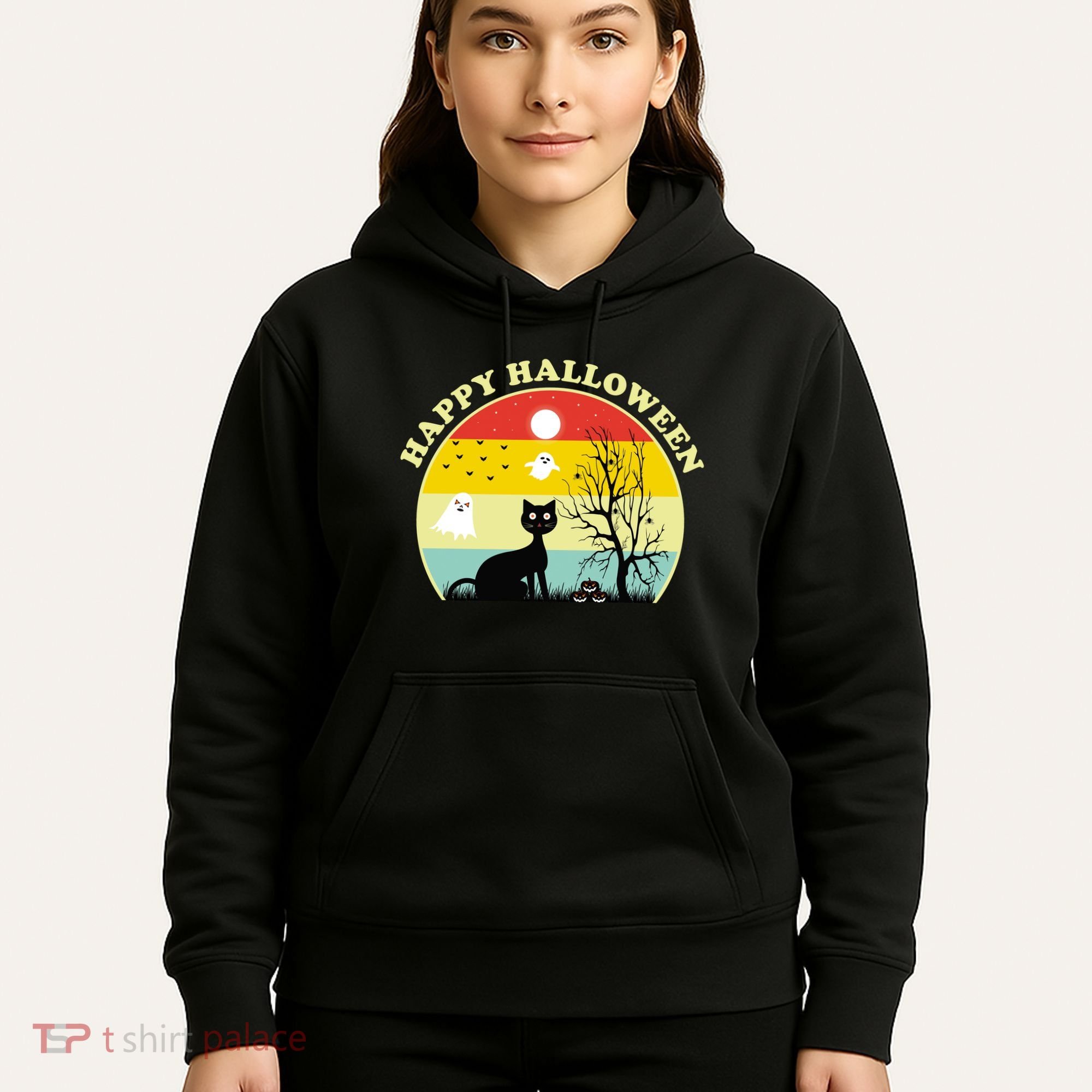 Happy Halloween Black Cat Retro Sunset Hoodie