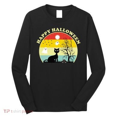 Happy Halloween Black Cat Retro Sunset Long Sleeve Shirt