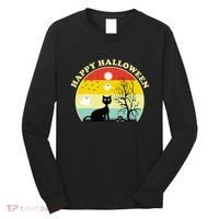 Happy Halloween Black Cat Retro Sunset Long Sleeve Shirt thumb 0