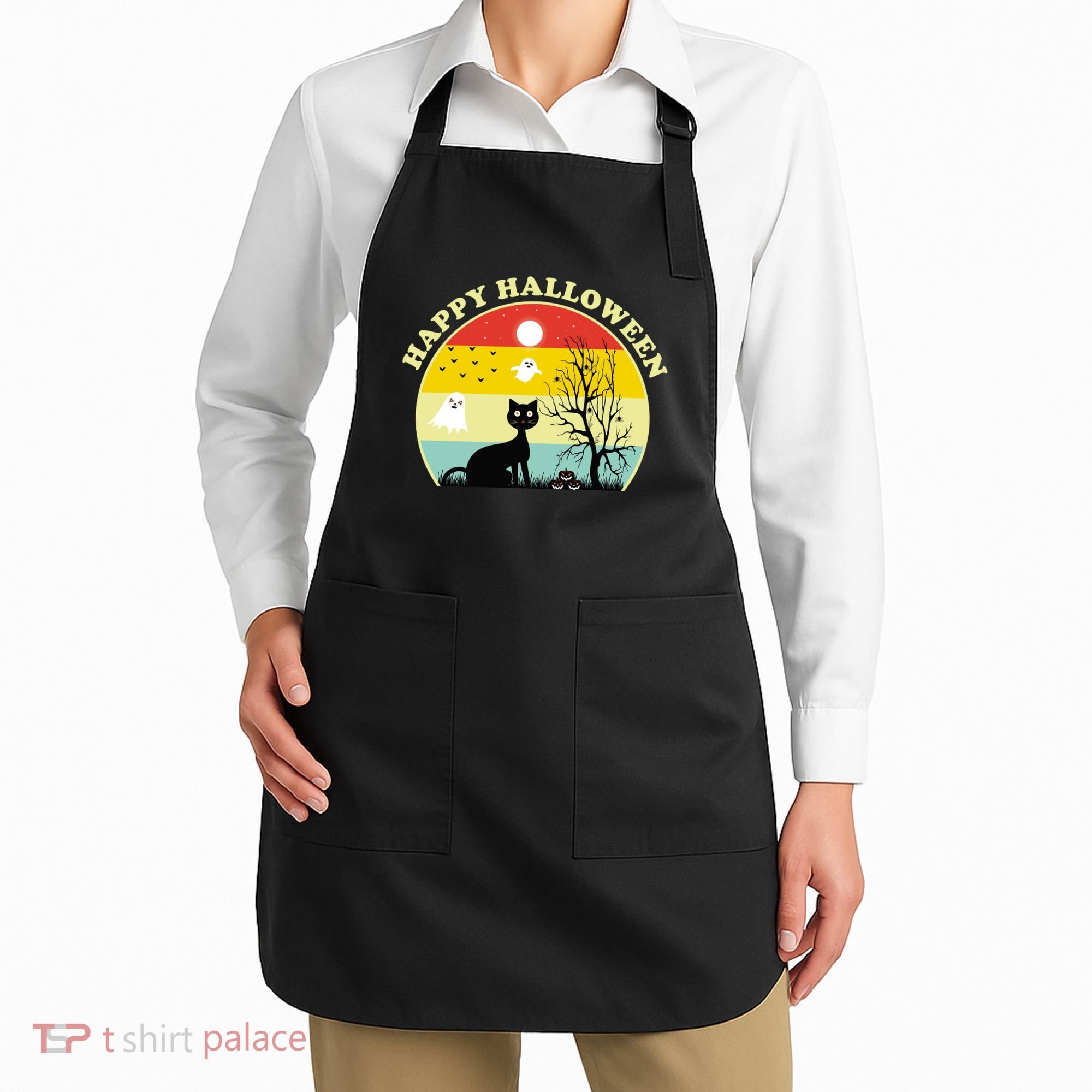 Happy Halloween Black Cat Retro Sunset Apron