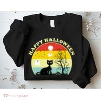 Happy Halloween Black Cat Retro Sunset Sweatshirt thumb 2