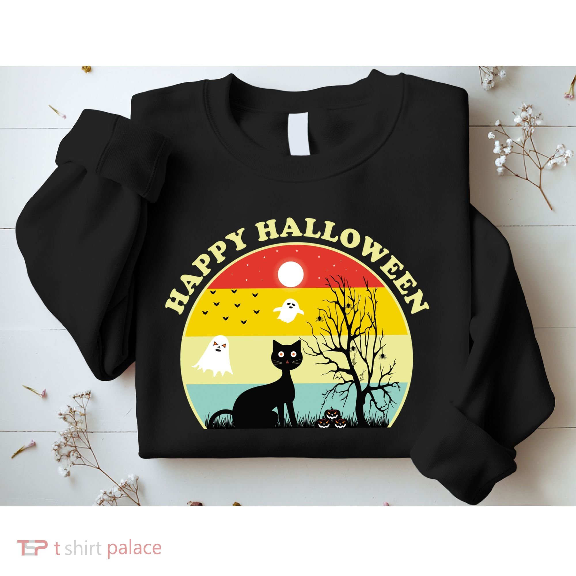 Happy Halloween Black Cat Retro Sunset Sweatshirt