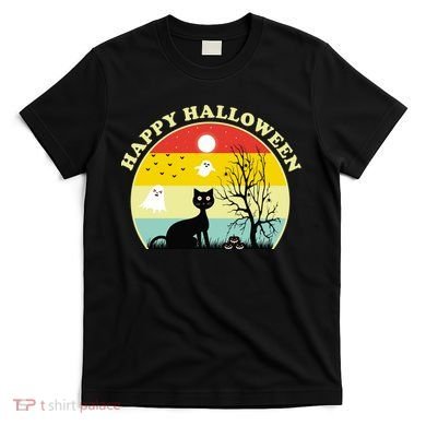 Happy Halloween Black Cat Retro Sunset T-Shirt