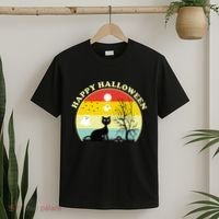 Happy Halloween Black Cat Retro Sunset T-Shirt thumb 2