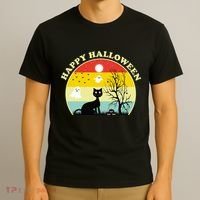 Happy Halloween Black Cat Retro Sunset T-Shirt thumb 3