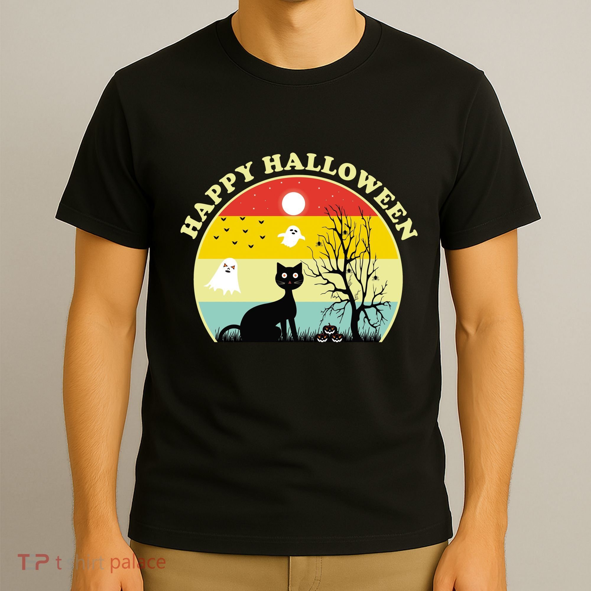 Happy Halloween Black Cat Retro Sunset T-Shirt