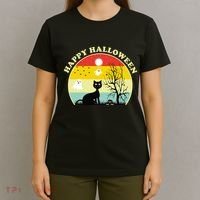 Happy Halloween Black Cat Retro Sunset T-Shirt thumb 4