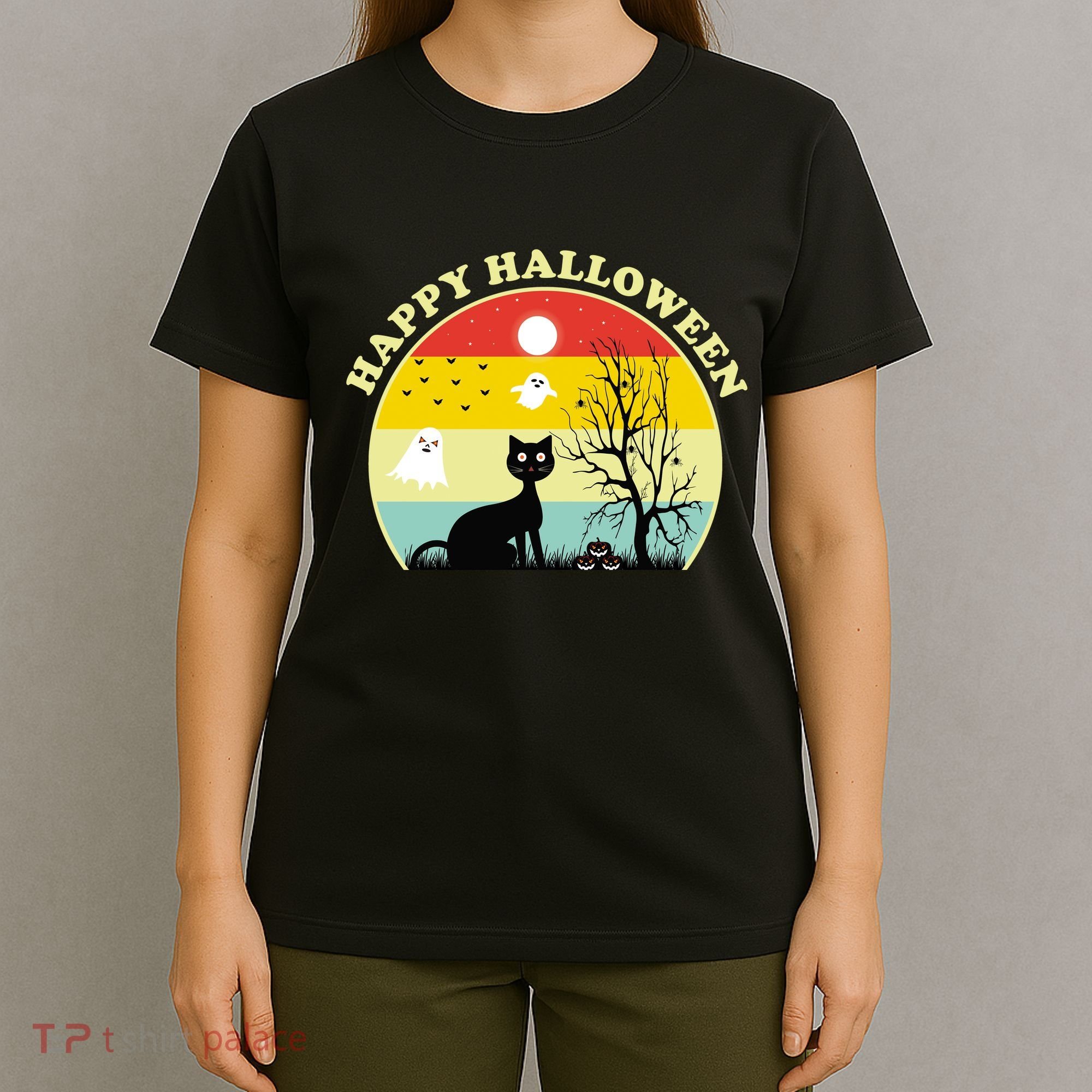 Happy Halloween Black Cat Retro Sunset T-Shirt