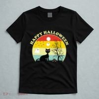 Happy Halloween Black Cat Retro Sunset T-Shirt thumb 5
