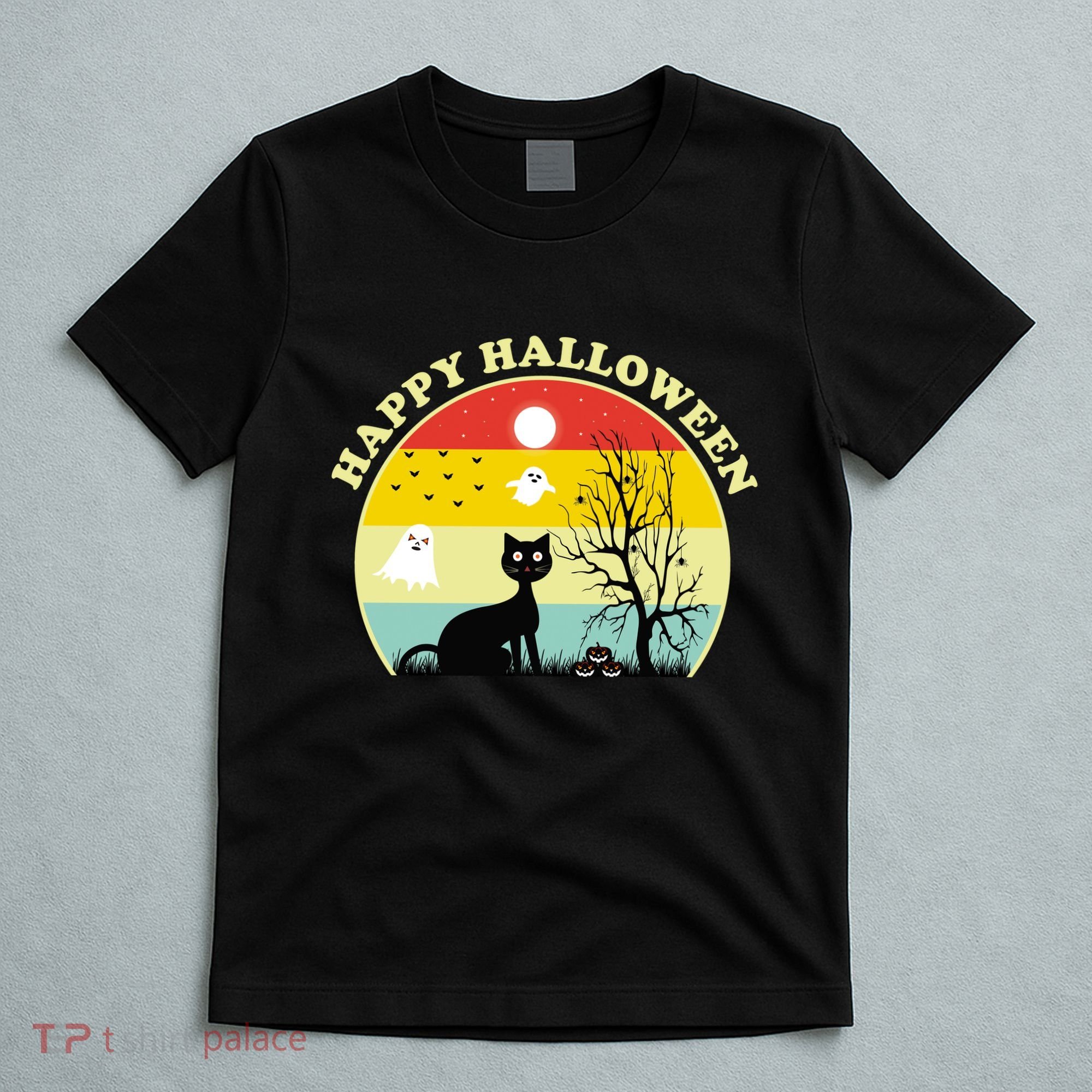 Happy Halloween Black Cat Retro Sunset T-Shirt