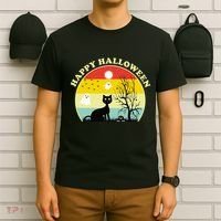 Happy Halloween Black Cat Retro Sunset T-Shirt thumb 6