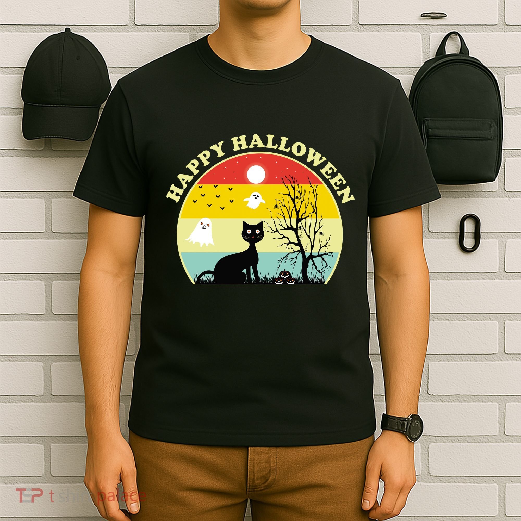 Happy Halloween Black Cat Retro Sunset T-Shirt