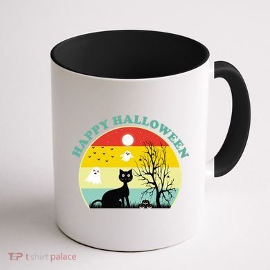 Happy Halloween Black Cat Retro Sunset Coffee Mug back