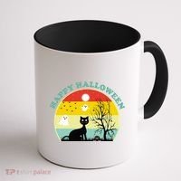 Happy Halloween Black Cat Retro Sunset Coffee Mug thumb 1