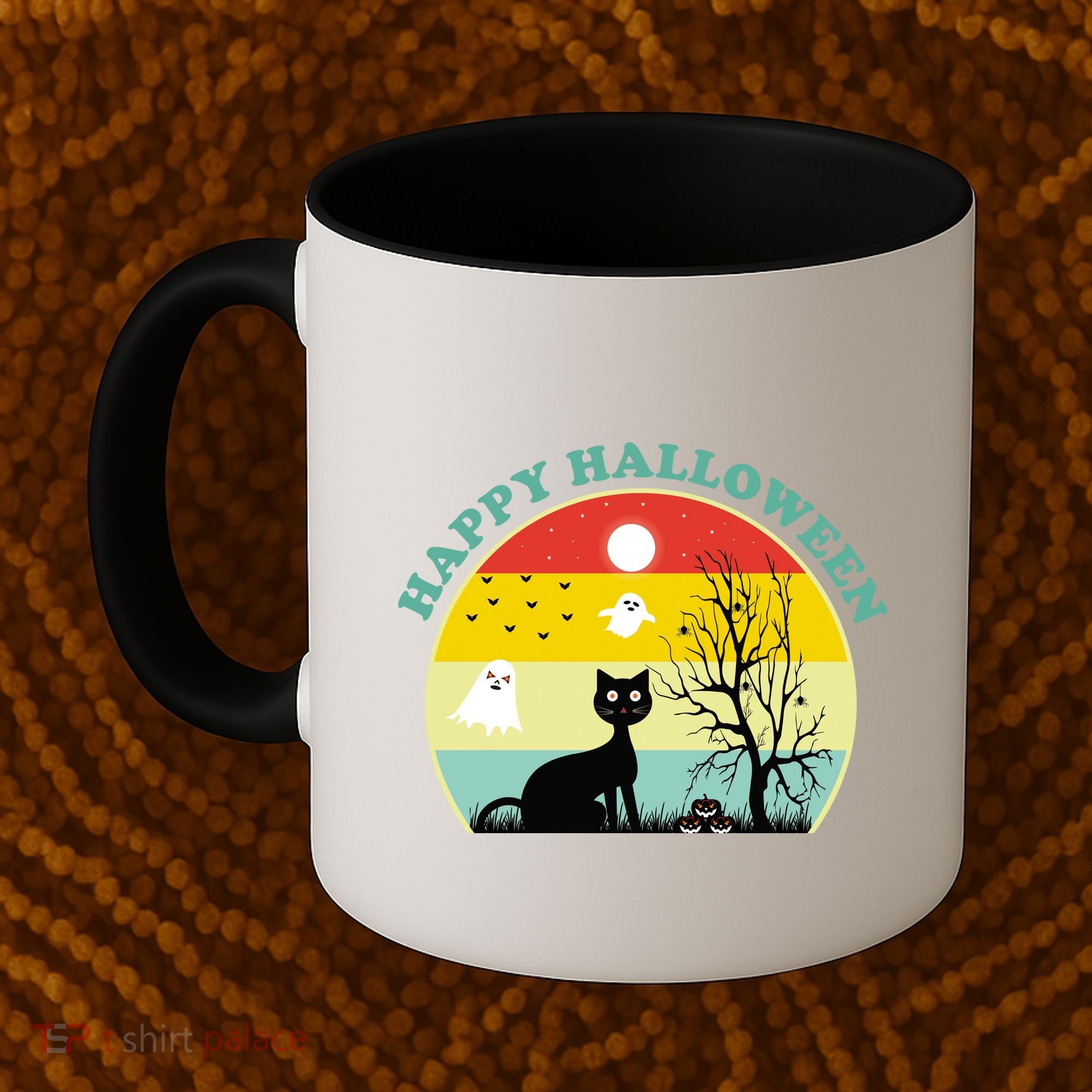 Happy Halloween Black Cat Retro Sunset Coffee Mug
