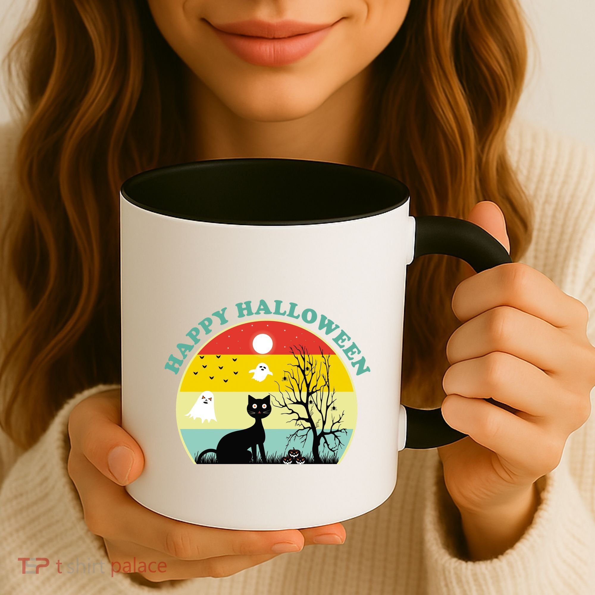 Happy Halloween Black Cat Retro Sunset Coffee Mug