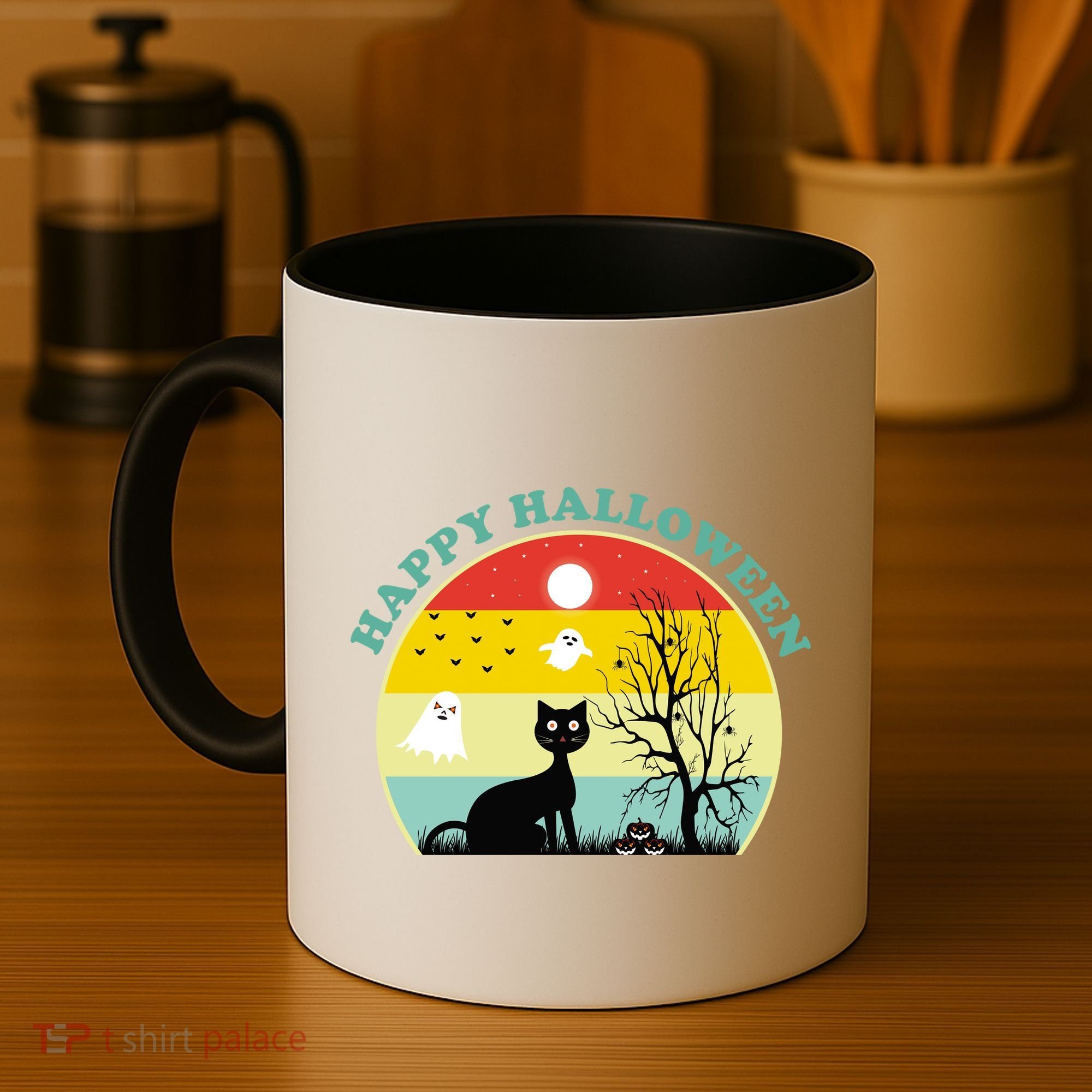 Happy Halloween Black Cat Retro Sunset Coffee Mug