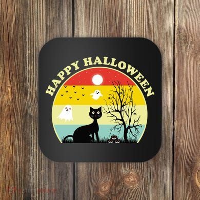 Happy Halloween Black Cat Retro Sunset Coaster