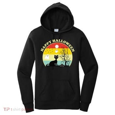 Happy Halloween Black Cat Retro Sunset Women's Hoodie