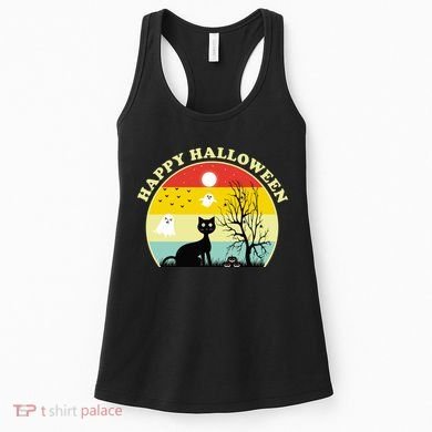 Happy Halloween Black Cat Retro Sunset Women's Tank Top
