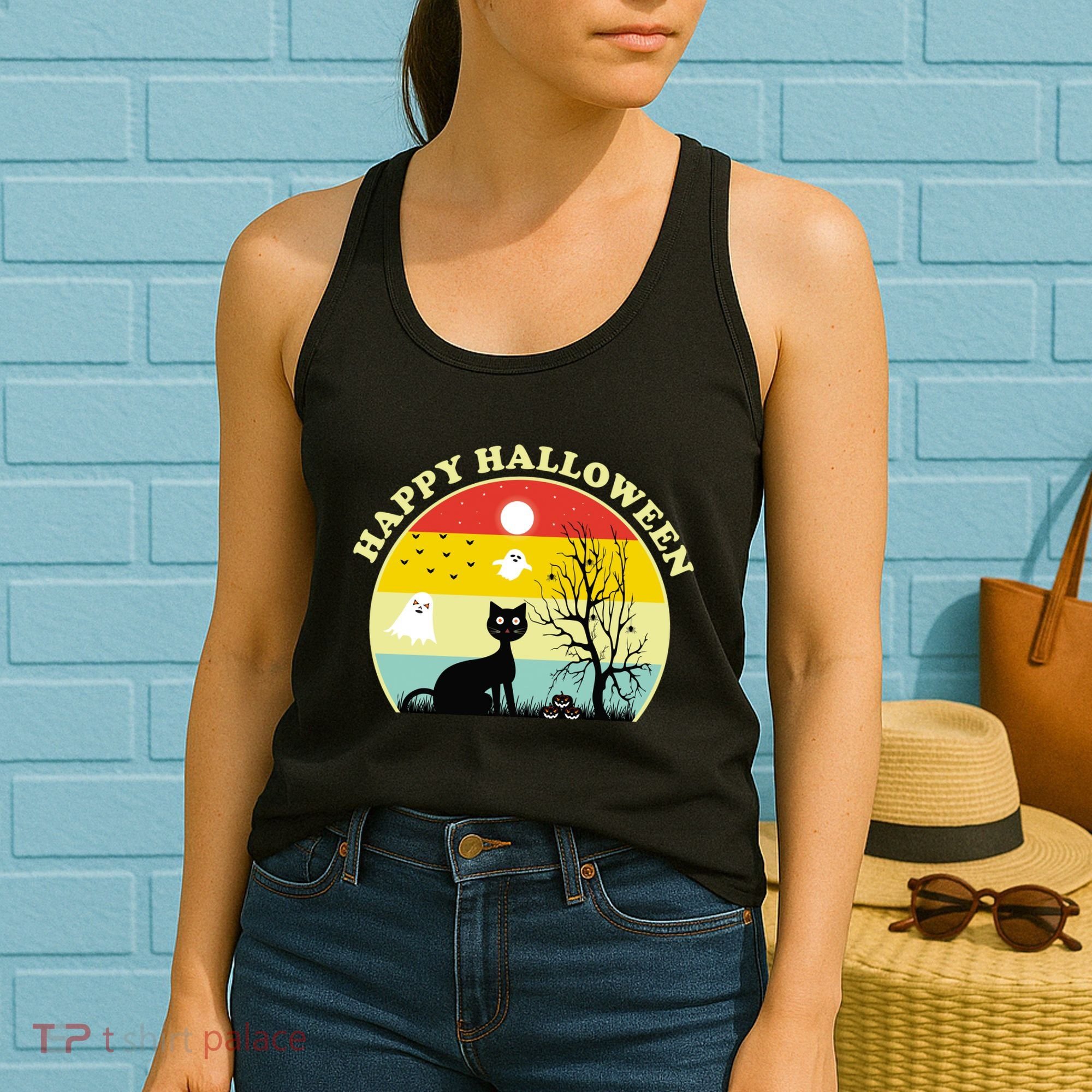 Happy Halloween Black Cat Retro Sunset Women's Tank Top