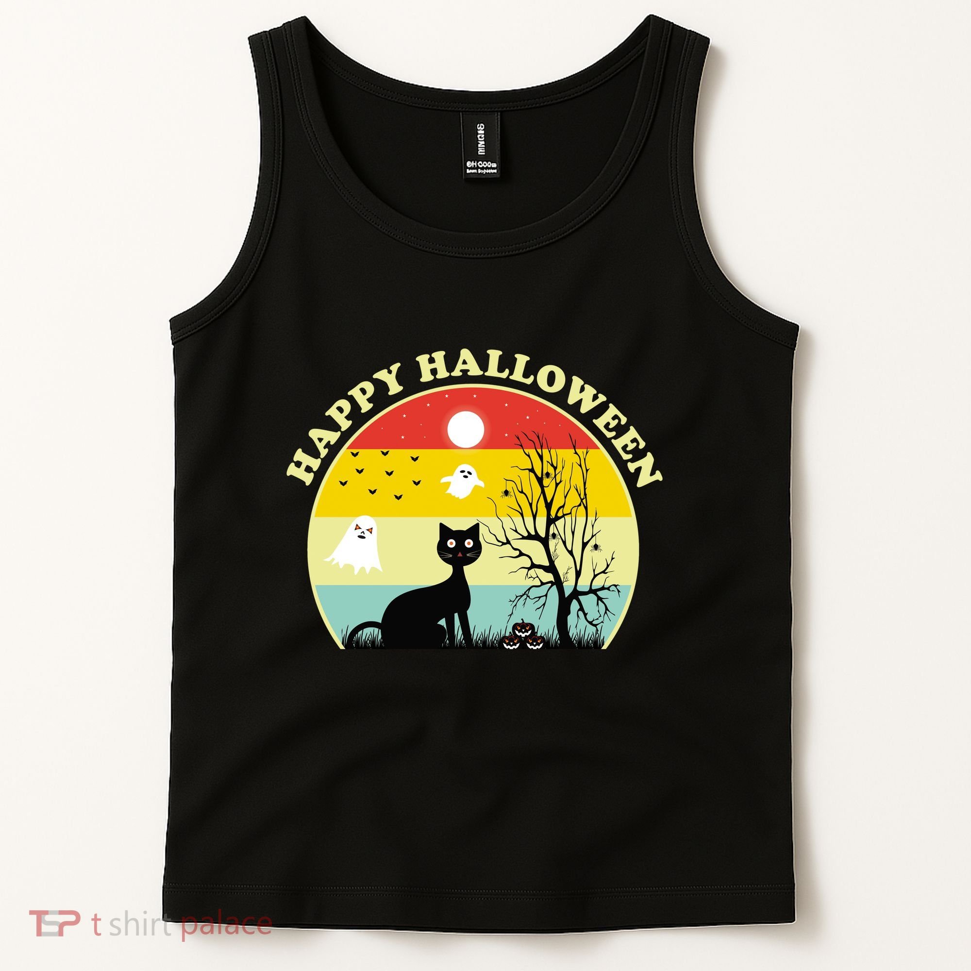 Happy Halloween Black Cat Retro Sunset Tank Top