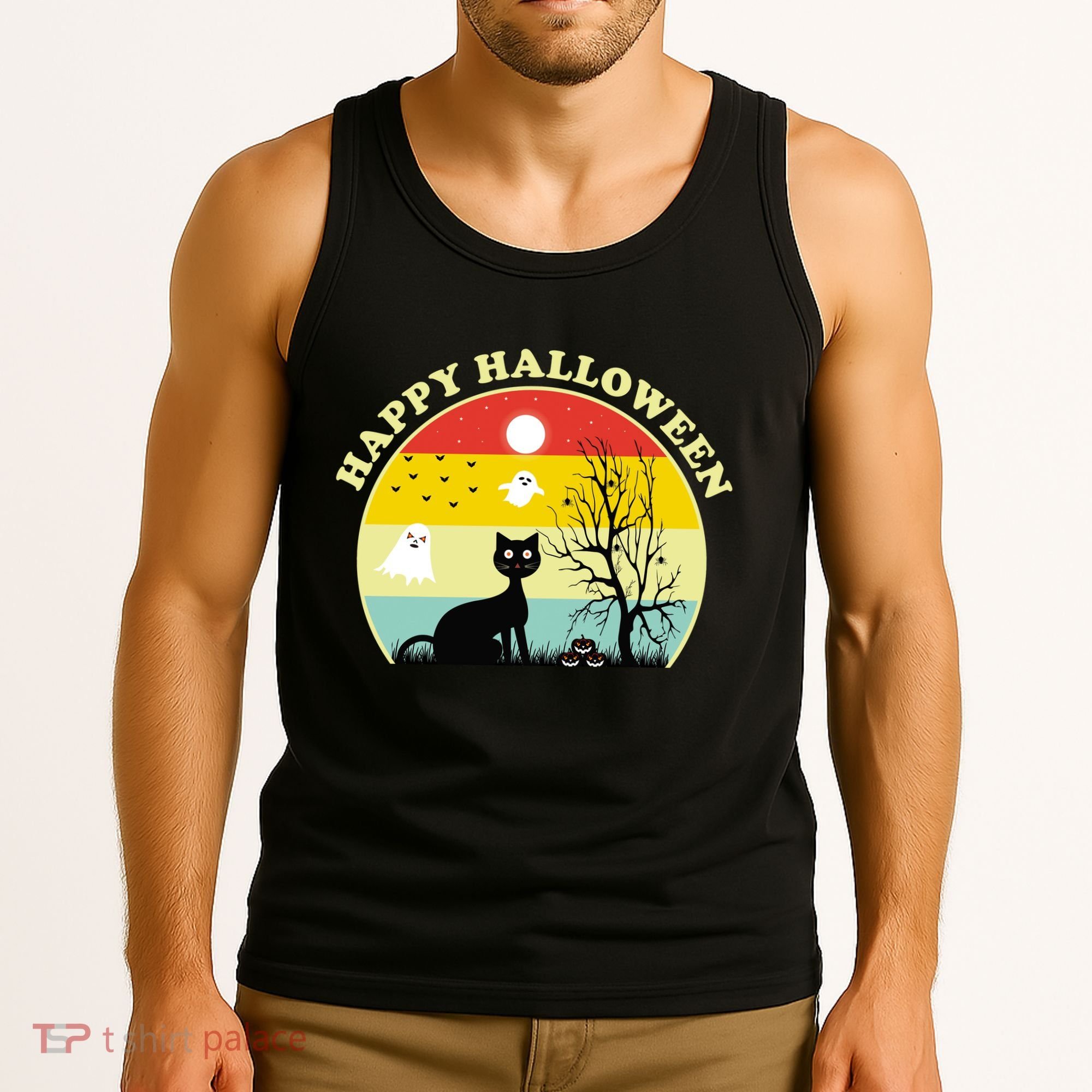 Happy Halloween Black Cat Retro Sunset Tank Top