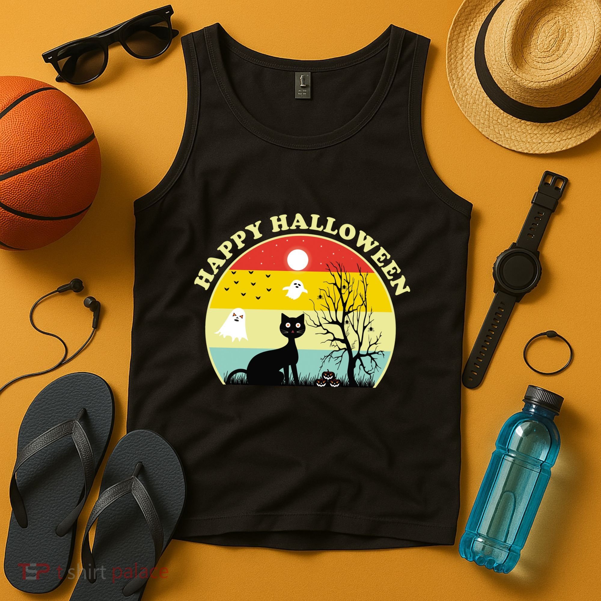 Happy Halloween Black Cat Retro Sunset Tank Top