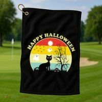 Happy Halloween Black Cat Retro Sunset Golf Towel thumb 1