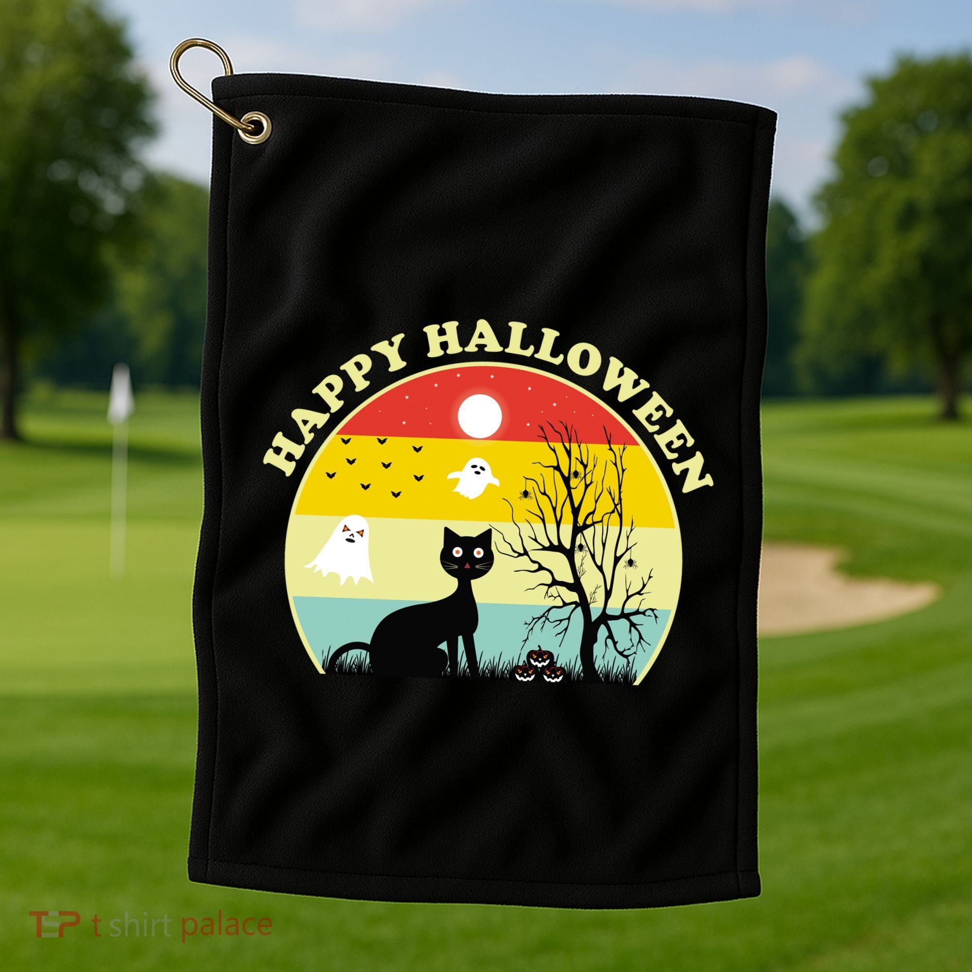 Happy Halloween Black Cat Retro Sunset Golf Towel