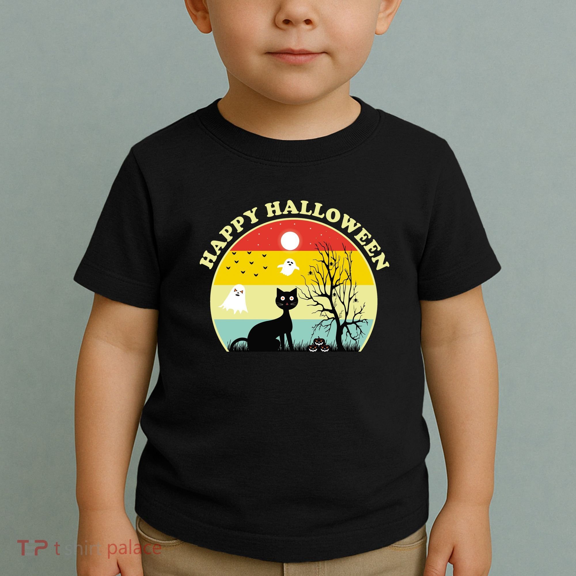 Happy Halloween Black Cat Retro Sunset Toddler T-Shirt