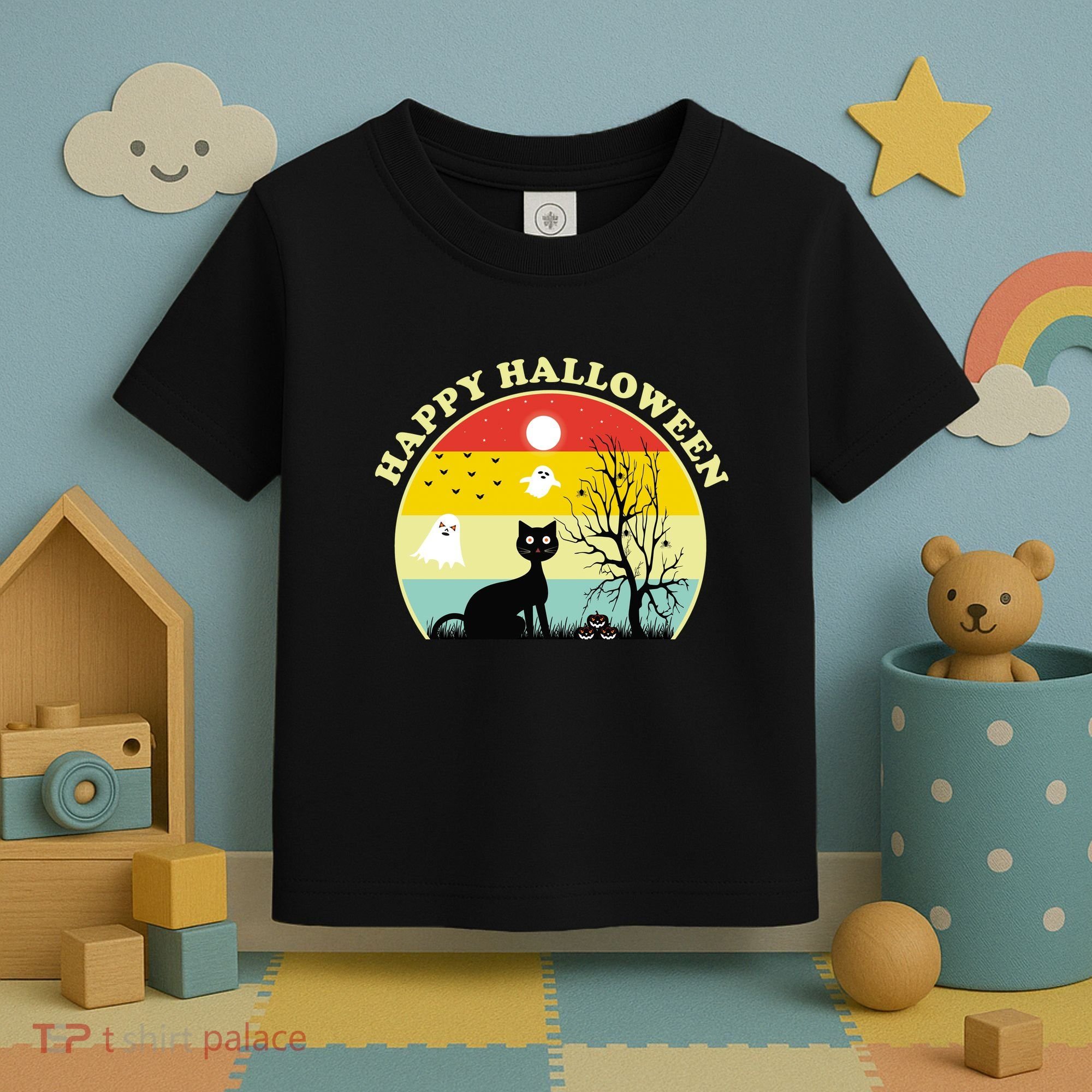 Happy Halloween Black Cat Retro Sunset Toddler T-Shirt