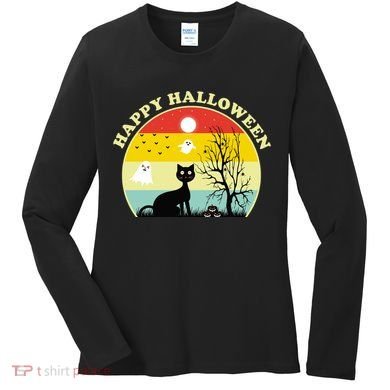 Happy Halloween Black Cat Retro Sunset Women's Long Sleeve Shirt