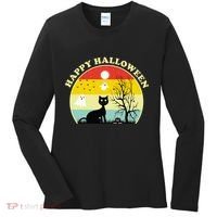 Happy Halloween Black Cat Retro Sunset Women's Long Sleeve Shirt thumb 0