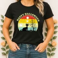 Happy Halloween Black Cat Retro Sunset Women's T-Shirt thumb 2