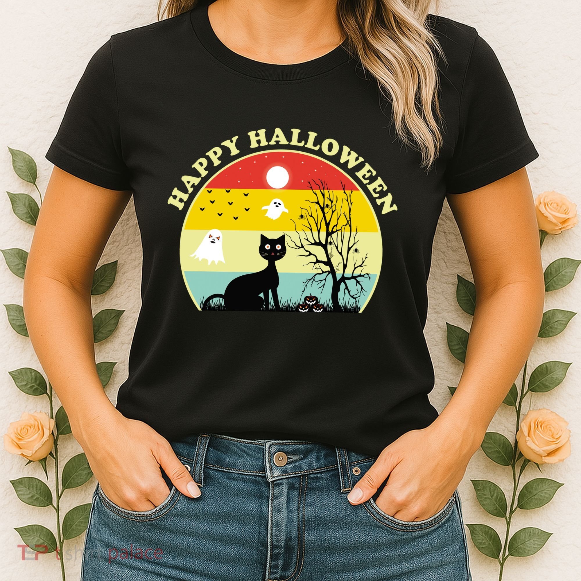 Happy Halloween Black Cat Retro Sunset Women's T-Shirt