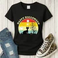 Happy Halloween Black Cat Retro Sunset Women's T-Shirt thumb 3