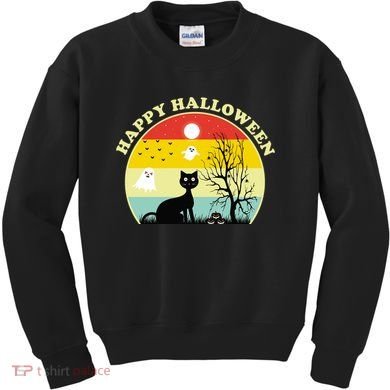 Happy Halloween Black Cat Retro Sunset Kids Sweatshirt