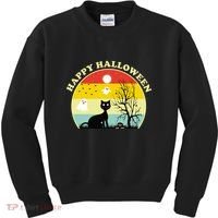 Happy Halloween Black Cat Retro Sunset Kids Sweatshirt thumb 0