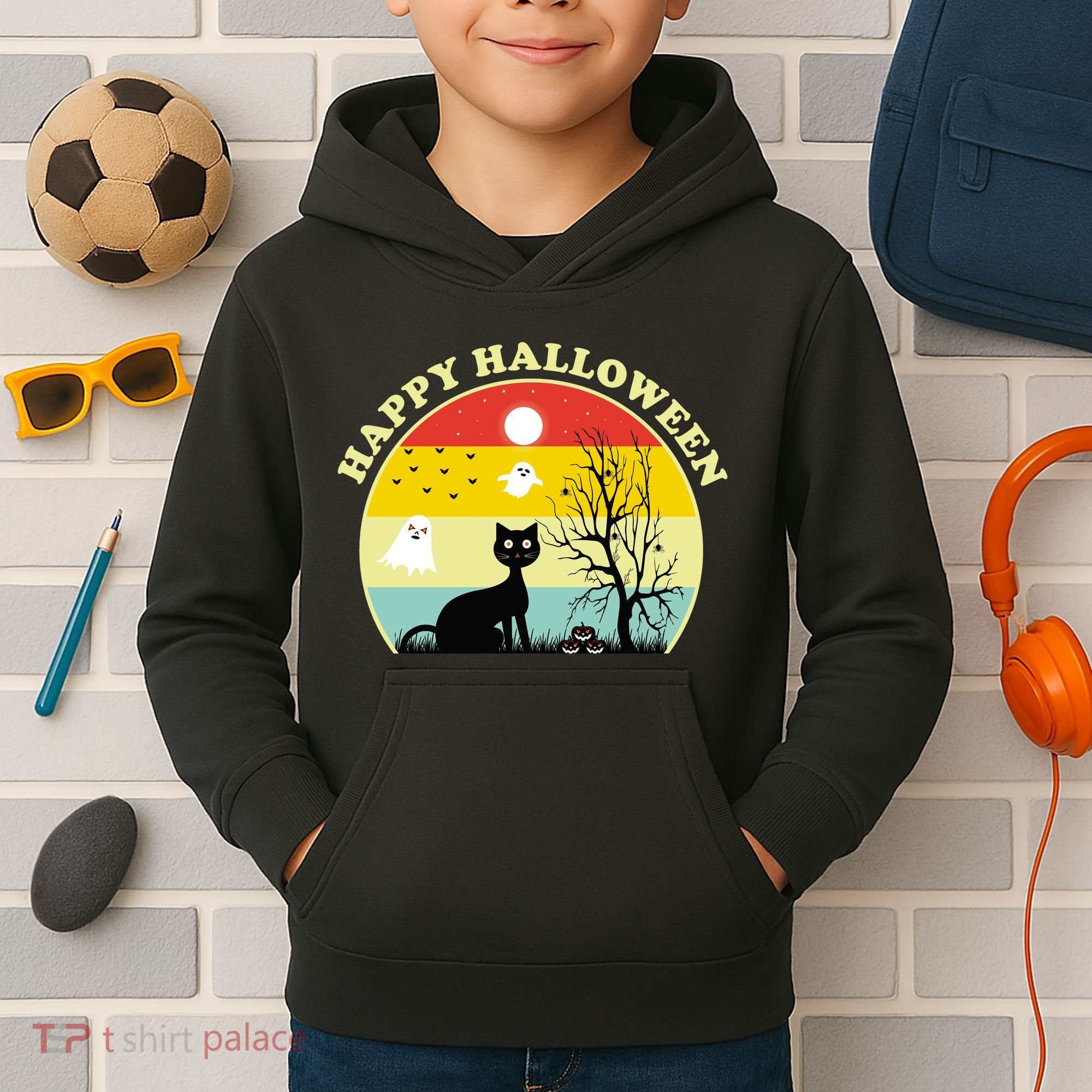 Happy Halloween Black Cat Retro Sunset Kids Hoodie
