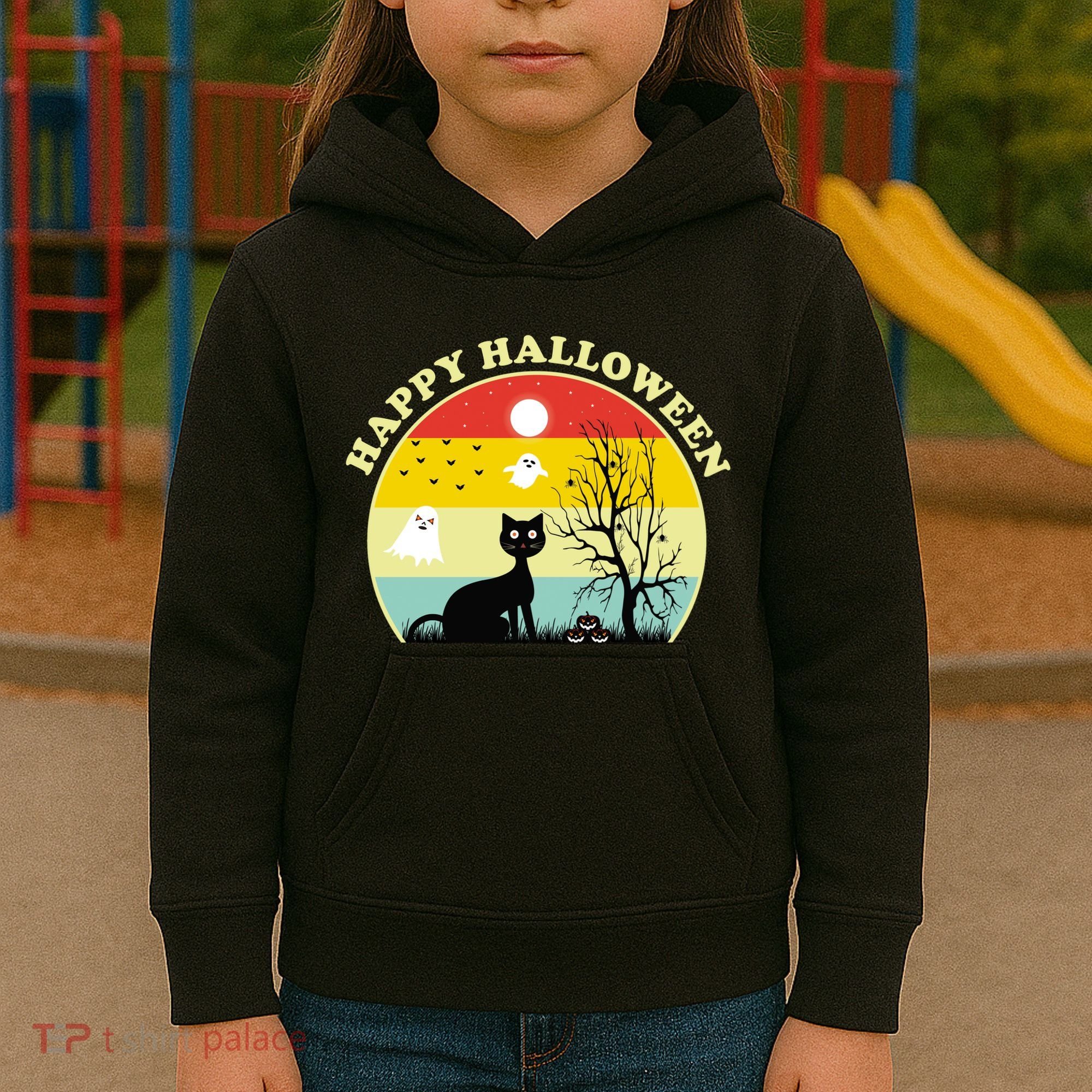 Happy Halloween Black Cat Retro Sunset Kids Hoodie