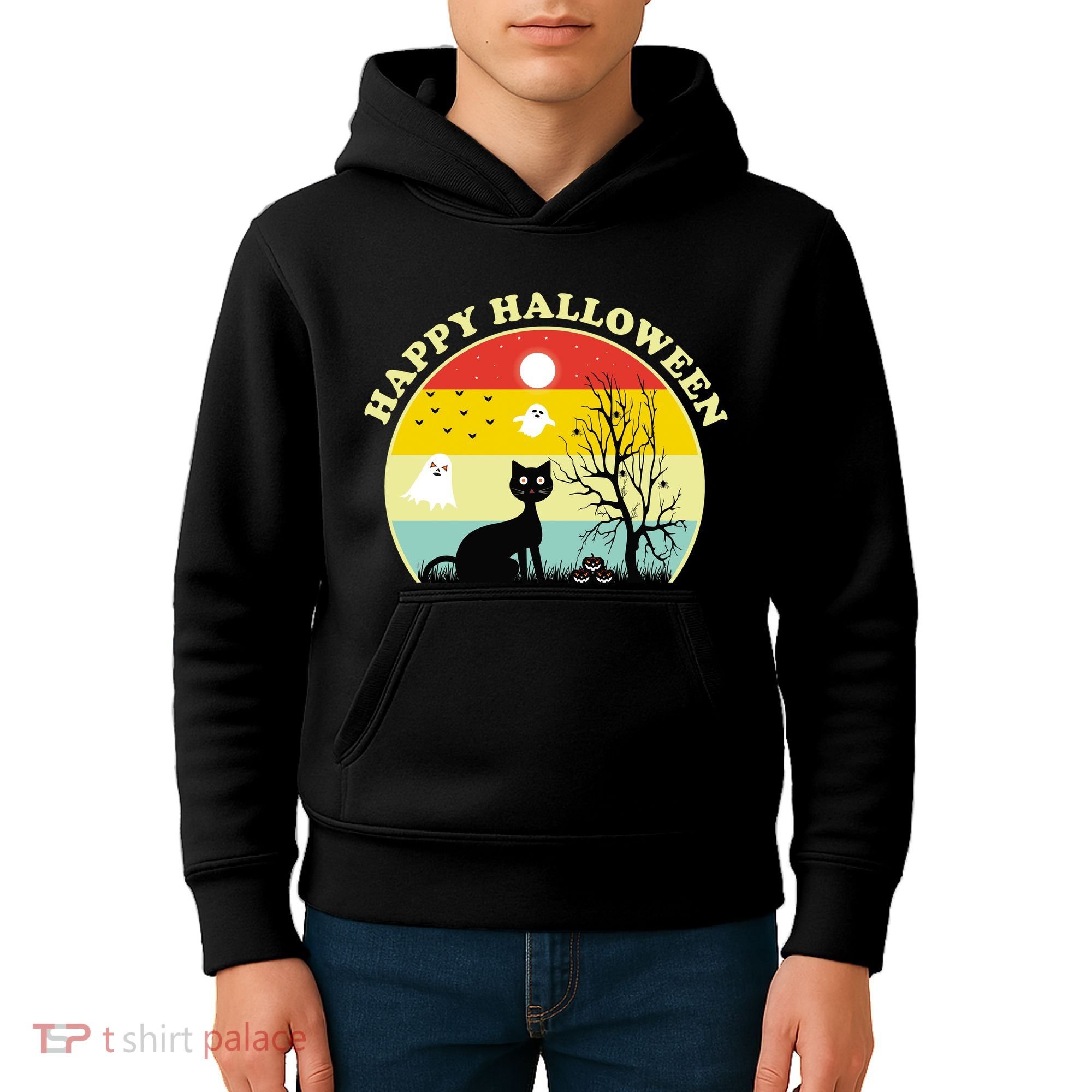 Happy Halloween Black Cat Retro Sunset Kids Hoodie