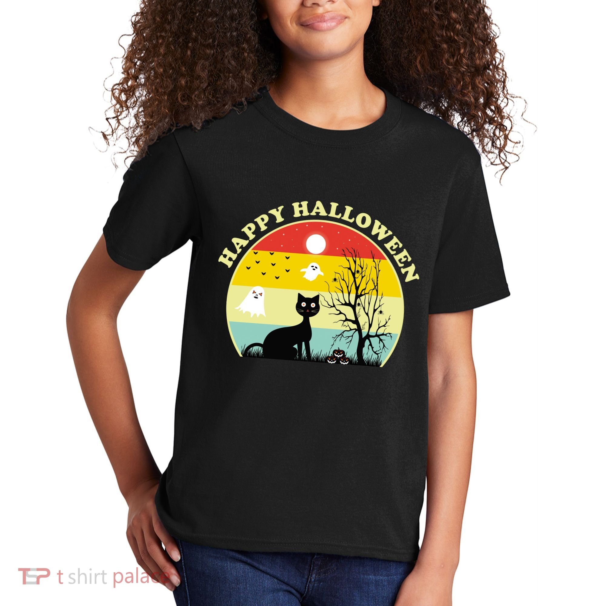 Happy Halloween Black Cat Retro Sunset Kids T-Shirt